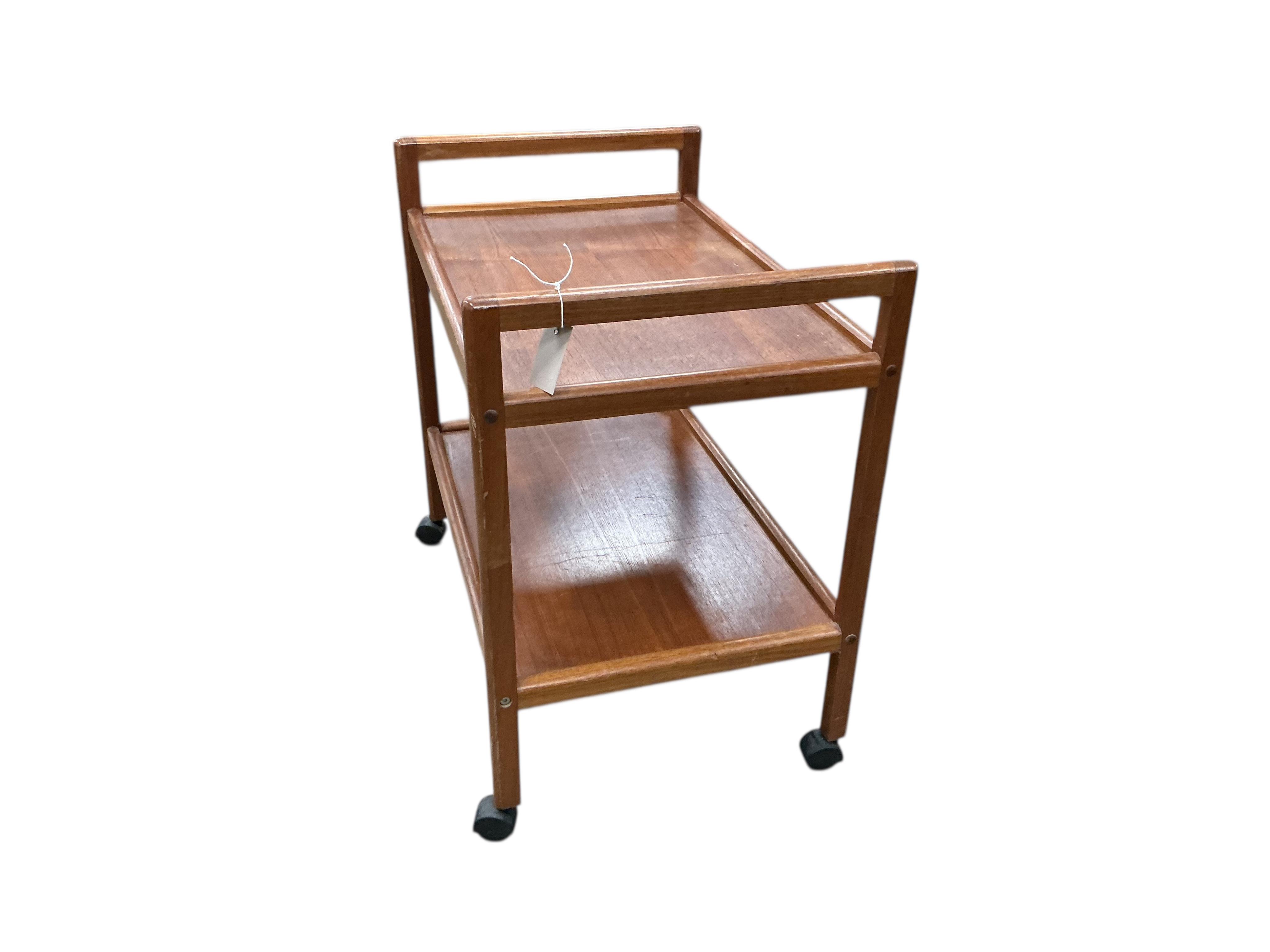 A mid century rectangular teak two tier tea trolley, width 70cm, depth 47cm, height 70cm